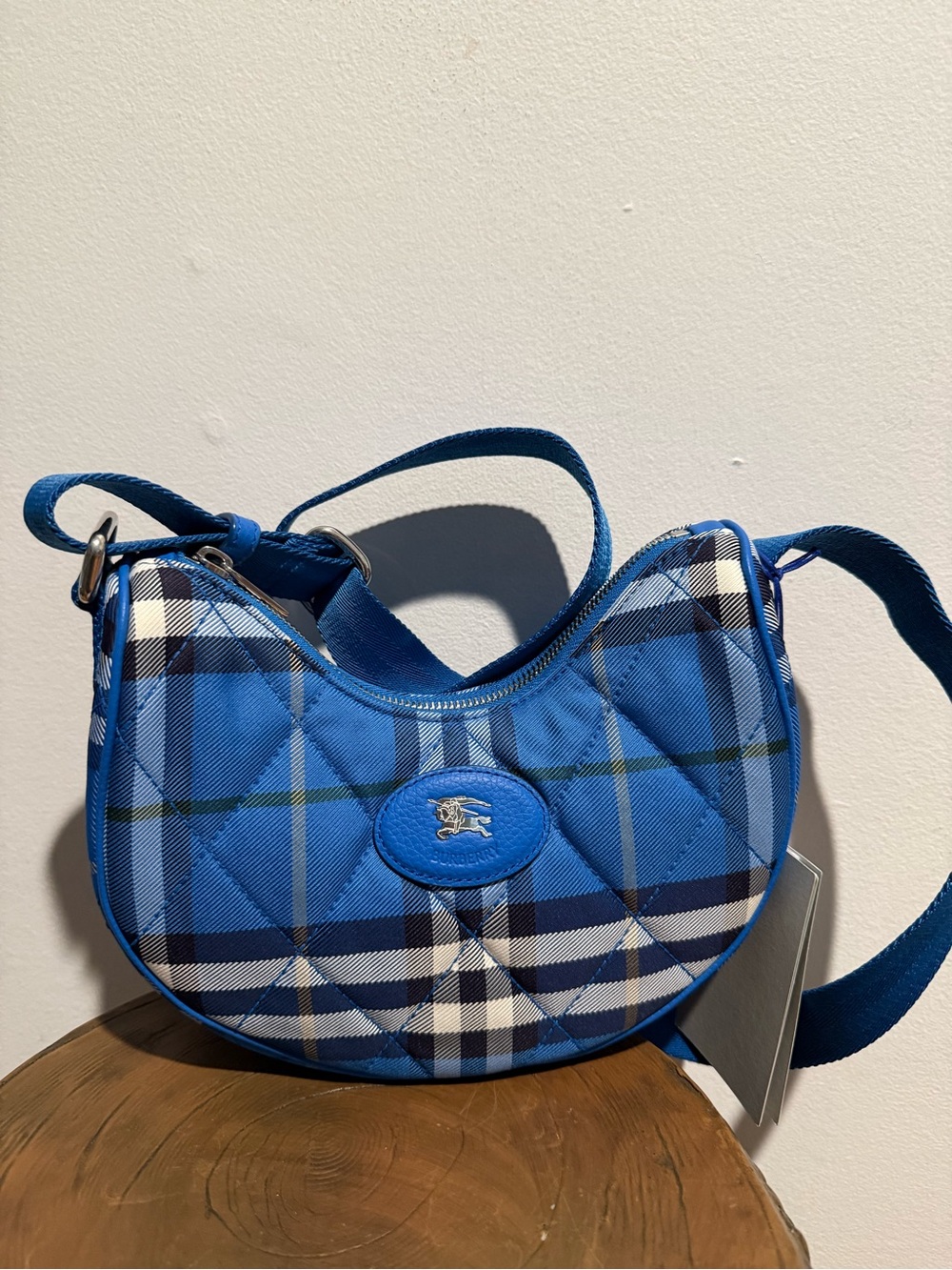 Burberry Blue Plaid Crescent Crossbody Bag